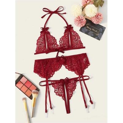 Sexy lace bra panties garter belt bikini three-piece suit