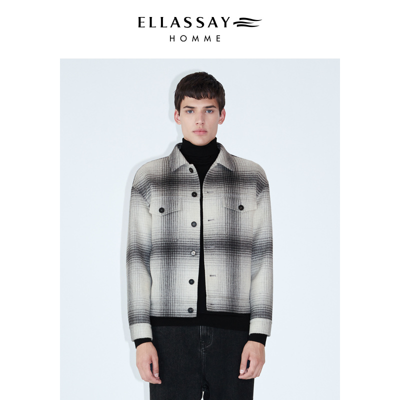 ELLASSAY歌力思男装秋冬款羊毛渐变格子翻领短夹克休闲时尚外套男