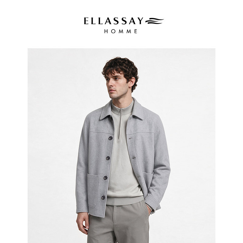 ELLASSAY歌力思男装2026秋冬兔羊绒厚款翻领花呢夹克外套