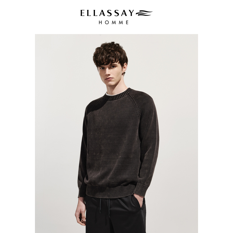 ELLASSAY歌力思男装新款重水洗做旧圆领针织衫套头长袖卫衣男士