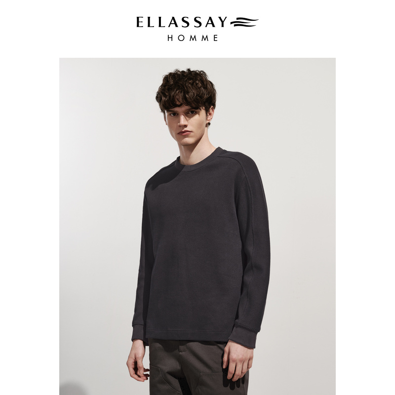 ELLASSAY歌力思男装新款华夫格休闲长袖套头圆领休闲卫衣男士