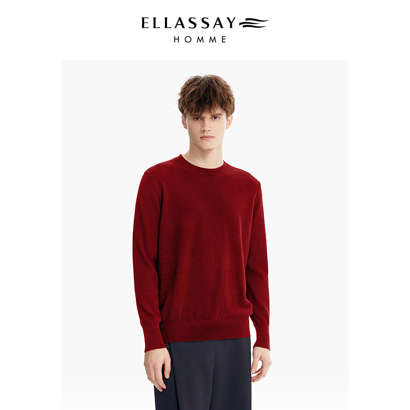 ELLASSAY歌力思男装25年山羊绒圆领套头红色针织毛衣EME361M01200