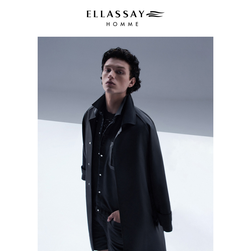 ELLASSAY歌力思男装环保再生尼龙拼PU仿皮大衣中长款休闲外套