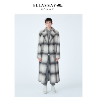 【张凌赫同款】ELLASSAY歌力思男装渐变格双排扣羊绒落肩大衣男