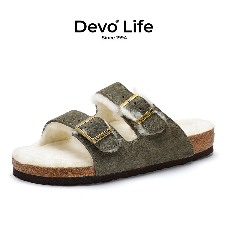 Devo Life休闲外穿拖鞋女加毛内里保暖加绒冬季软木拖鞋 56018