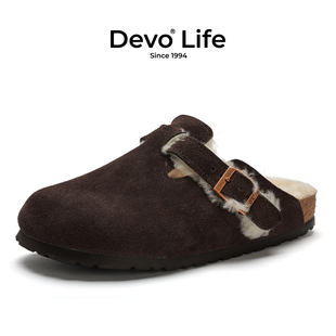 Devo Life软木鞋秋冬季加绒羊毛男女同款拖鞋外穿休闲拖鞋 66001