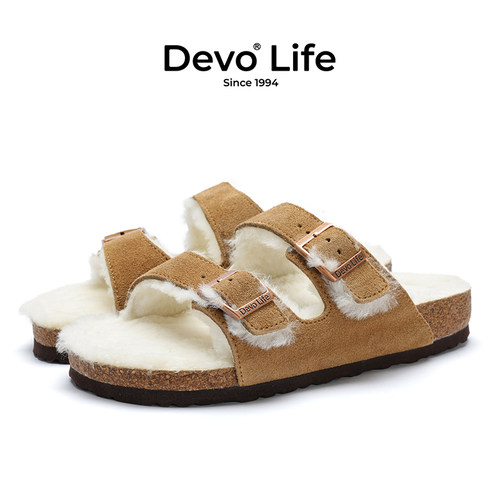 Devo女外穿加绒保暖软木一字拖