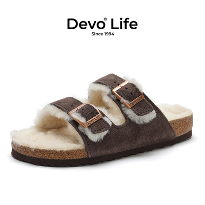 Devo/的沃女休闲外穿加毛内里保暖外穿加绒冬季一字软木拖鞋56018