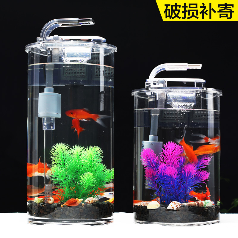 鱼缸创意小型客厅桌面家用造景水族箱加厚直筒圆柱形玻璃金鱼缸