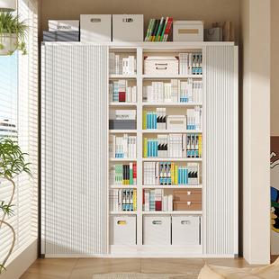 钢制书架带推拉门落地防尘置物架客厅靠墙收纳架家用多层绘本架子