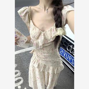 气质满格不规则甜美飞袖 设计度假仙女连衣裙 碎花吊带长裙夏季 新款