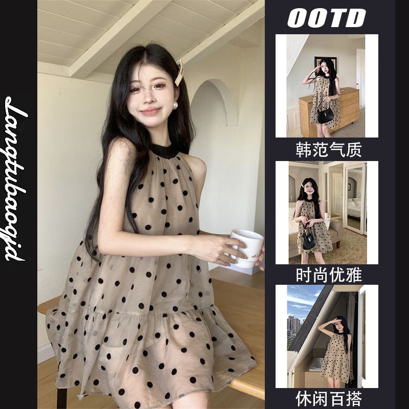 法式无袖系带挂脖波点连