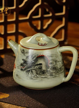 汝瓷手绘墨龙图竹节石瓢壶手工汝窑茶壶陶瓷可收藏省工大师定制款