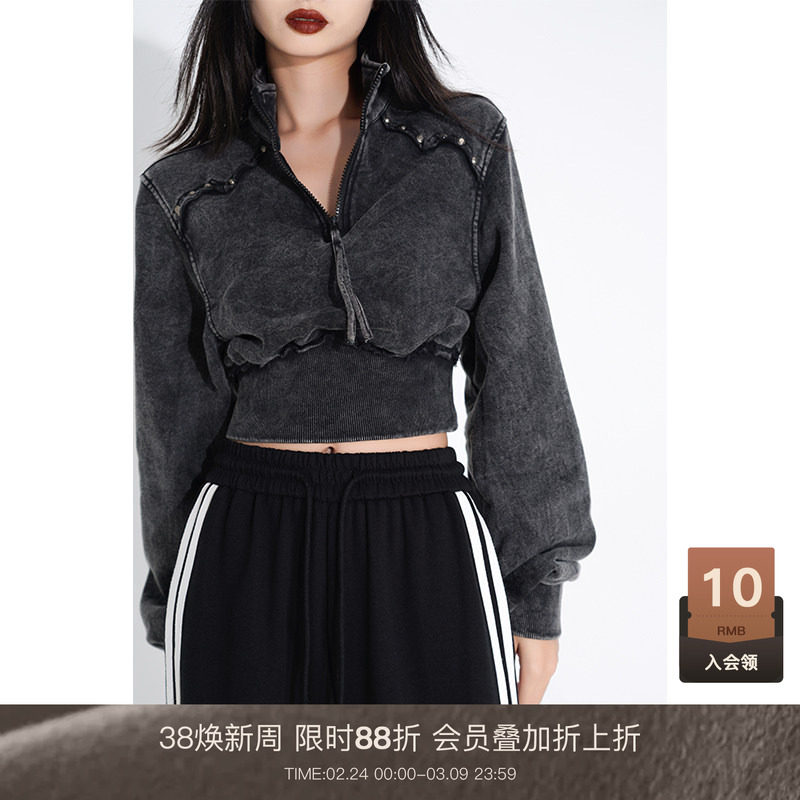 LOUZING短款束腰拉链上衣女25秋冬季新款Polo领收腰运动卫衣外套