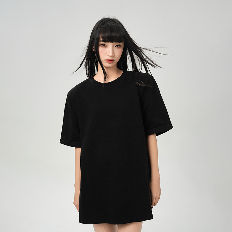 LOUZING正肩女t恤2025新款春款美式大版卷边短袖中长款宽松上衣潮