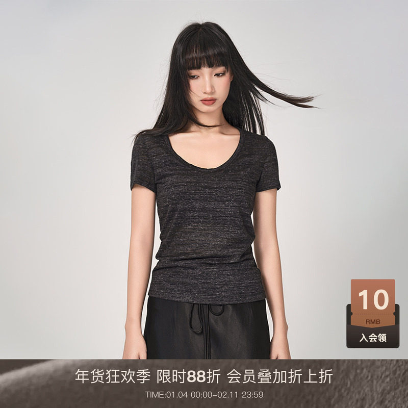 LOUZING大领口t恤女2025新款春季小个子正肩面膜短袖打底上衣内搭