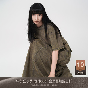 LOUZING复古休闲套装女2025新款圆领短袖T恤后开叉半身裙两件套潮