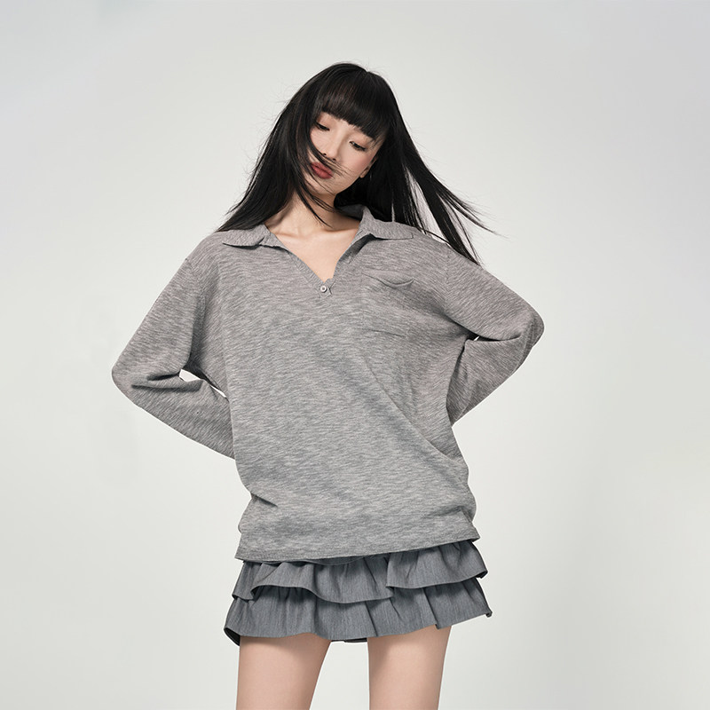 LOUZING长袖polo衫正肩T恤女春季2025新款简约休闲纸片人打底上衣