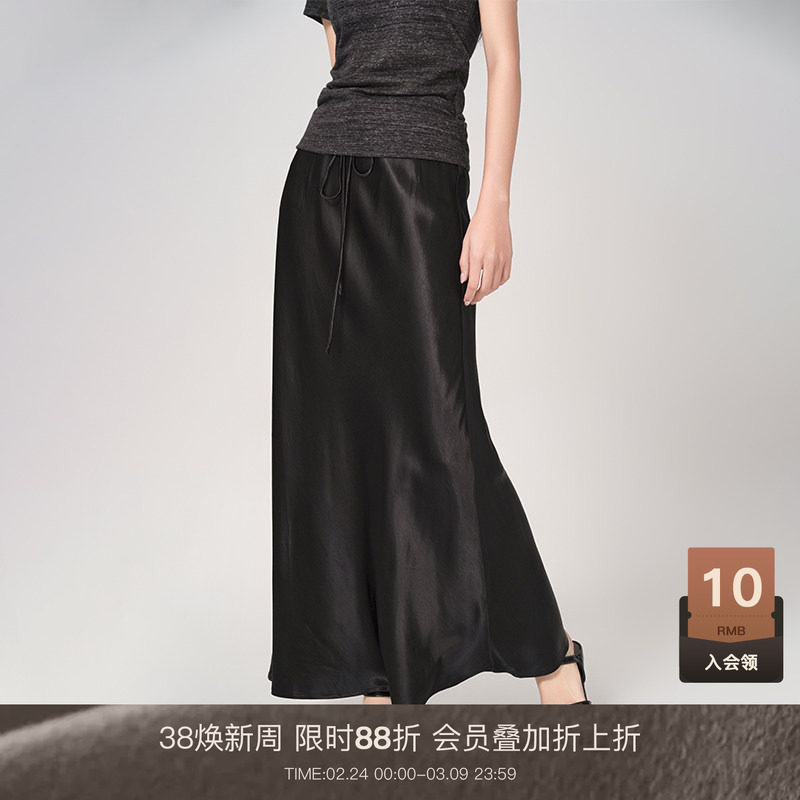 LOUZING黑色醋酸拖地半身裙女丝滑垂感直筒艺术气质长款显瘦裙子