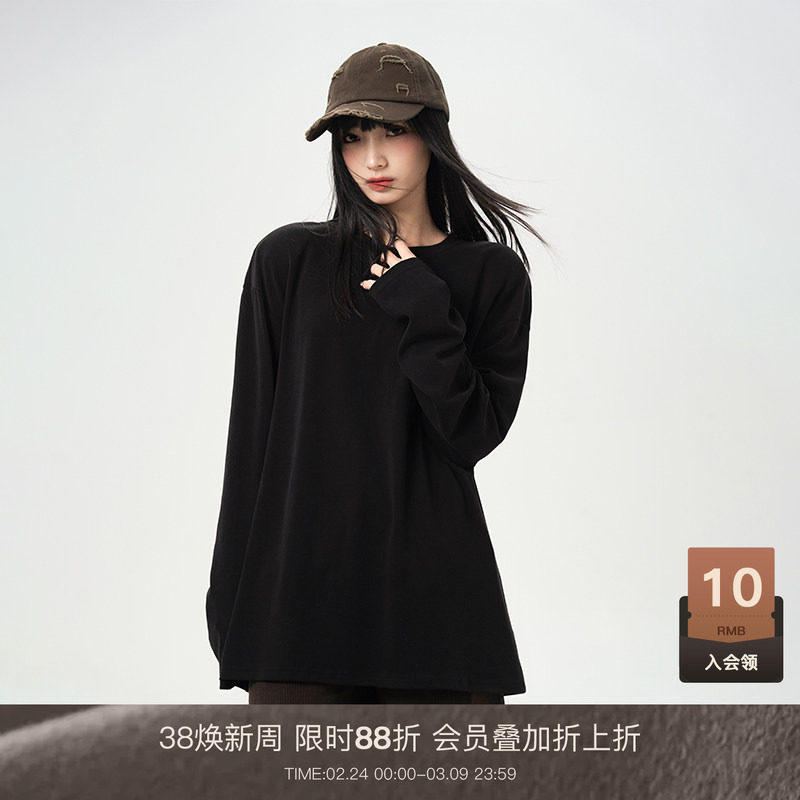 LOUZING白色韩版长袖t恤女春季2026新款中长款遮屁股宽松圆领上衣