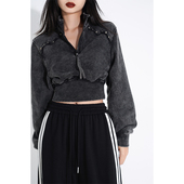 新款 LOUZING短款 束腰拉链上衣女25秋冬季 Polo领收腰运动卫衣外套