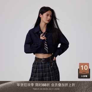 LOUZING设计感露脐短款长袖衬衣女2026春新经典辣妹领带衬衫上衣