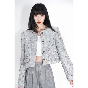 LOUZING千金小姐重工爆闪亮片小香风外套女2025冬季新款圆领上衣