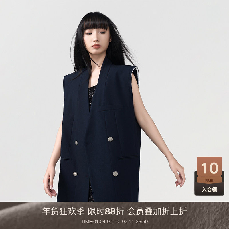 LOUZING复古西装马甲女2025春款韩版休闲中长款外套复古宽松上衣