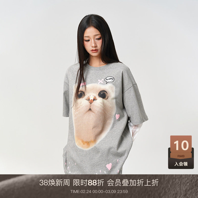 LOUZING假两件长袖T恤女2026新款春可爱甜美设计感小众胖mm打底衫