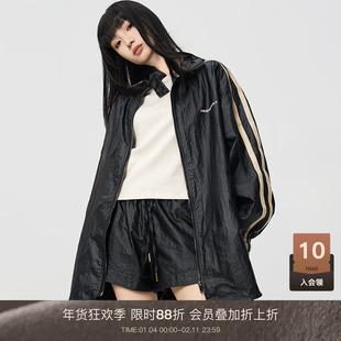 LOUZING光感涂层翻领外套夹克女2025秋天新款两道杠短裤休闲套装
