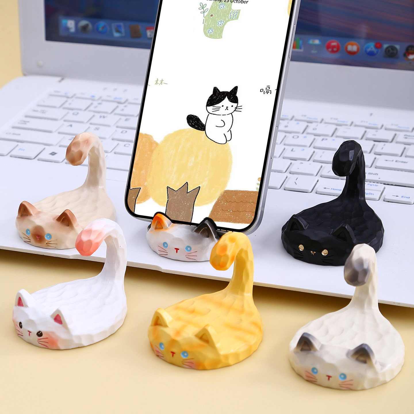 创意猫咪手机支架盲盒工位摆件办公室实用桌面装饰小猫情绪稳定器