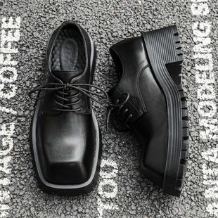 男士皮鞋黑色真皮小众方头高级感痞帅增高休闲商务平头西装德比鞋