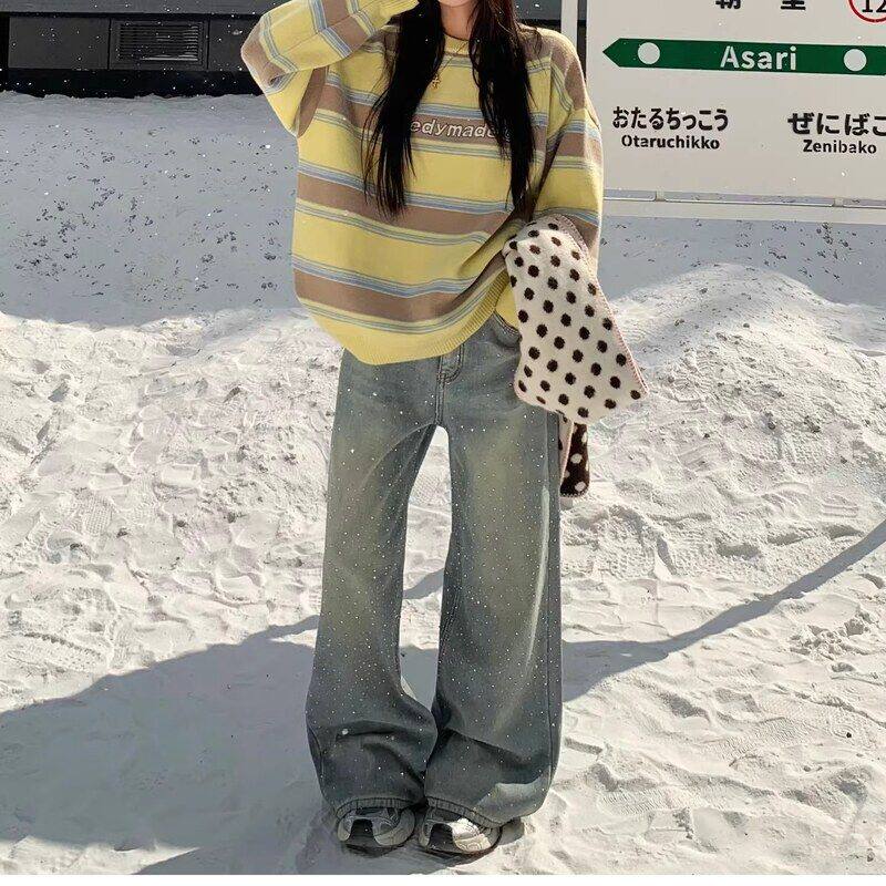 2026春季新款复古休闲浅蓝色烫钻满天星直筒牛仔裤女拖地阔腿裤子