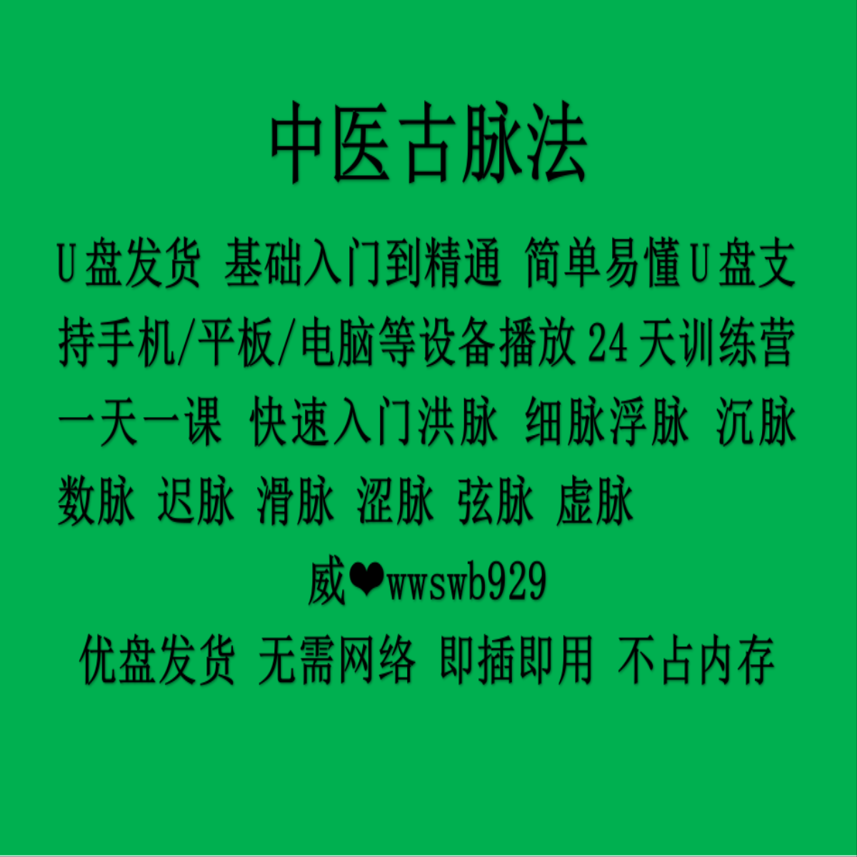 中医古脉法U盘 脉象诊断把脉入门浮脉滑脉寒湿热体质自学视频教程