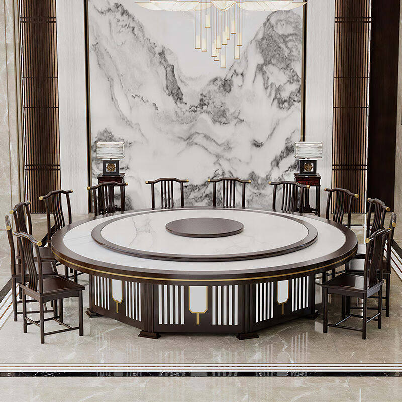 汇璟木业新中式酒店电动餐桌大圆桌岩板电动转盘20人火锅桌电磁炉