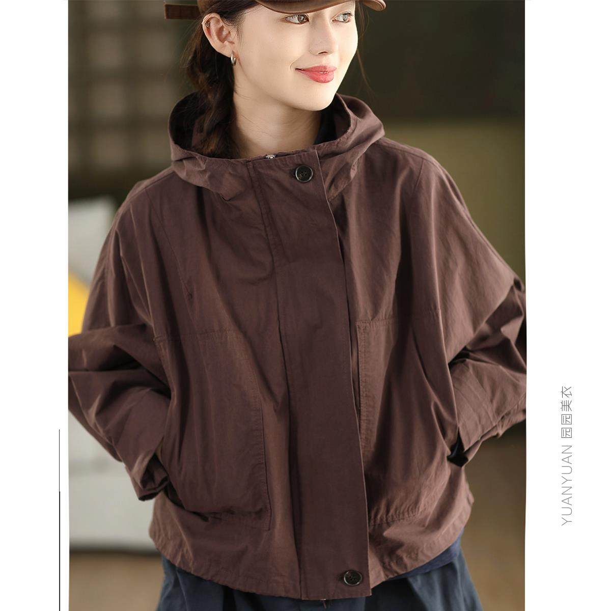 园园美衣复古100%棉连帽风衣外套女宽松显瘦抽绳摆开衫外搭夹克