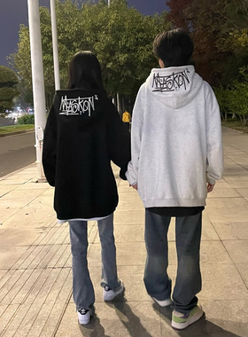 美式高街花灰色连帽卫衣男女oversize情侣潮牌秋冬季加绒加厚外套