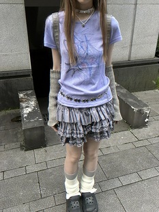 设计感学院风休闲气质百搭上衣潮 t恤女夏季 美式 高街涂鸦圆领短袖