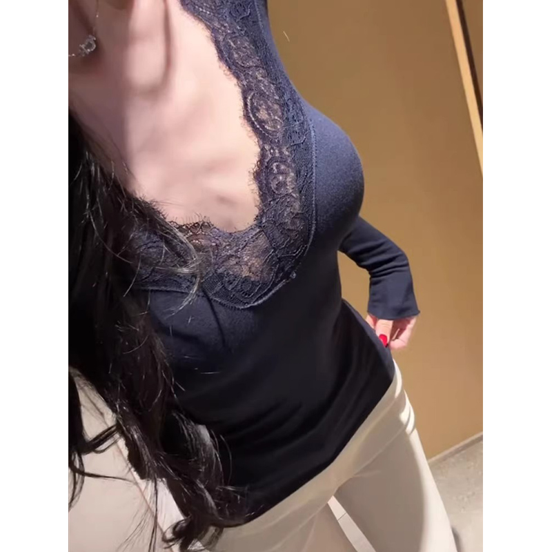法式辣妹纯欲风蕾丝花边v领长袖t恤女秋冬新款收腰显瘦设计感上衣