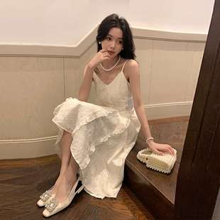 蕾丝初恋小个子海边高级气质收腰白色长裙 妃儿吊带连衣裙仙女夏季