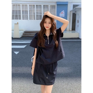 藏青色学院风薄款 小个子休闲显瘦短裙两件套 运动上衣套装 女夏新款