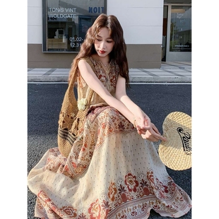 新款 波西米亚印花吊带连衣裙女2025夏季 复古民族度假风显瘦长裙潮