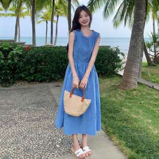 蓝色收腰显瘦气质无袖 温柔风桔梗a字连衣裙女 木耳边长裙夏季 新款