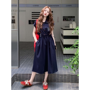 藏青色刺绣衬衫 港风复古小个子收腰显瘦长裙 连衣裙女2025夏季 新款