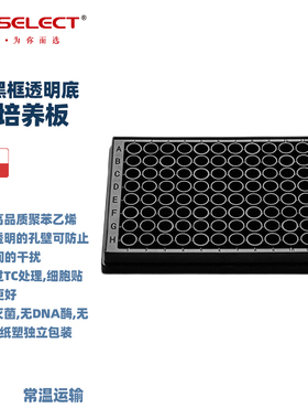 LABSELECT 甄选 11514 11515 96孔细胞培养板带盖,黑/白色框,透明平底独立包装1块/包，48包/箱