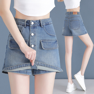 高腰排扣a字半身裙小个子阔腿裙裤 2026新款 女春季 浅蓝色牛仔短裤