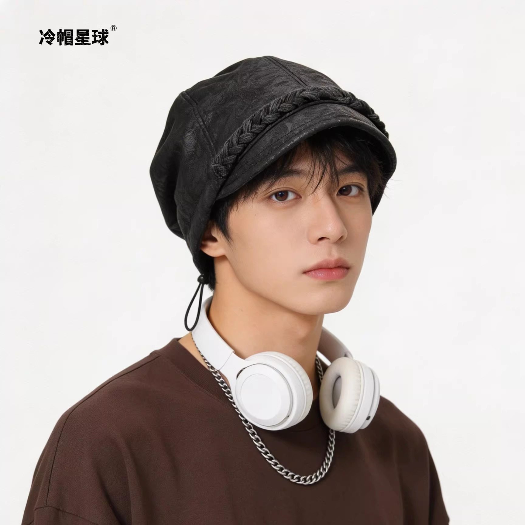 冷帽星球-辫子皮质包头帽男遮脸渔夫帽子女秋冬显脸小套头堆堆帽