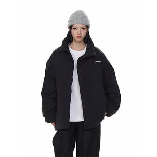 TIKOU国潮牌简约字母印花立领棉服女oversize情侣百搭防寒保暖冬