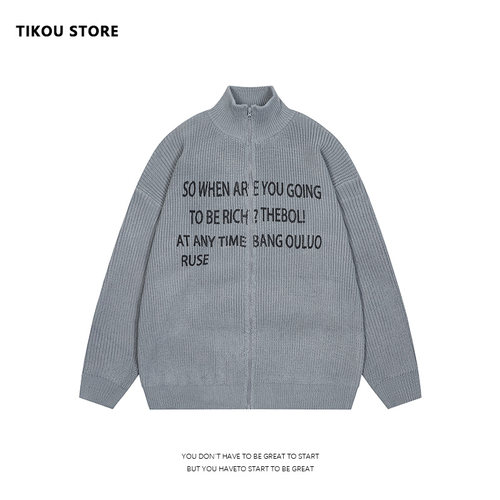 TIKOU 潮牌字母印花复古开衫毛衣针织衫情侣上衣宽松外套拉链立领