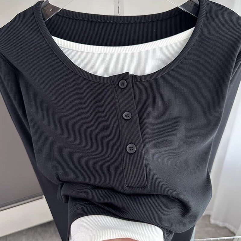 新品2025新款假两件纯棉长袖yt恤女春秋季薄款宽松大码打底衫外穿